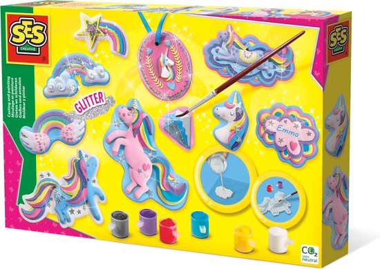 SES - Gieten en schilderen - Eenhoorns - Unicorn - Sneldrogend - Met vormpjes, gips, verf, penseel, glitters, gladstrijkkam en satijnband
"SES - Unicorn Casting and Painting Kit - Fast-drying - Includes molds, plaster, paint, brush, glitter, smoothing comb, and satin ribbon"