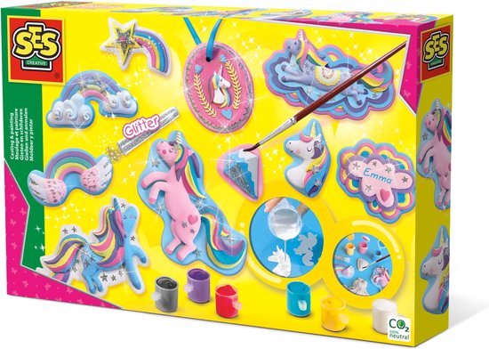 SES - Gieten en schilderen - Eenhoorns - Unicorn - Sneldrogend - Met vormpjes, gips, verf, penseel, glitters, gladstrijkkam en satijnband
"SES - Unicorn Casting and Painting Kit - Fast-drying - Includes molds, plaster, paint, brush, glitter, smoothing comb, and satin ribbon"