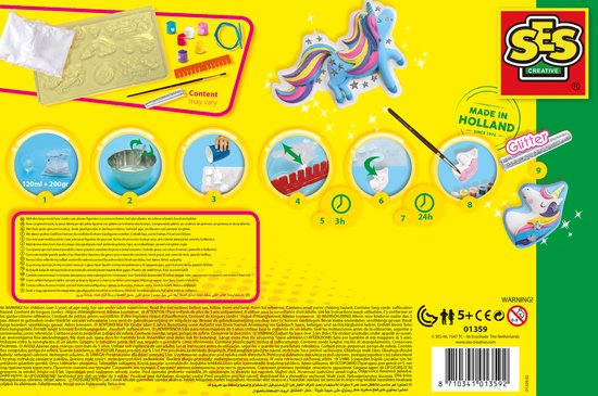 SES - Gieten en schilderen - Eenhoorns - Unicorn - Sneldrogend - Met vormpjes, gips, verf, penseel, glitters, gladstrijkkam en satijnband
"SES - Unicorn Casting and Painting Kit - Fast-drying - Includes molds, plaster, paint, brush, glitter, smoothing comb, and satin ribbon"