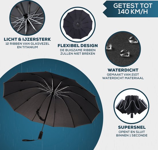 Opvouwbare Stormparaplu - 105 CM - Automatisch in- en uitklapbaar - Stormbestendig tot 140 km/h - Inclusief luxe beschermhoes
Translation: Folding Storm Umbrella
