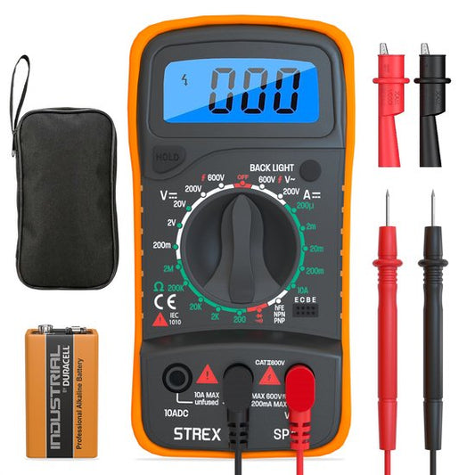 "Strex Digital Multimeter - AC/DC - Includes 9V Duracell Battery, Clamp Meters & Storage Case - Multi Meter"
Product Name in English: Strex Digital Multimeter