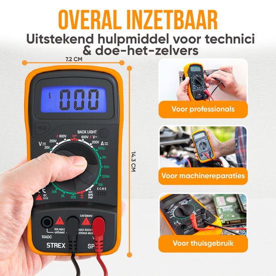 "Strex Digital Multimeter - AC/DC - Includes 9V Duracell Battery, Clamp Meters & Storage Case - Multi Meter"
Product Name in English: Strex Digital Multimeter