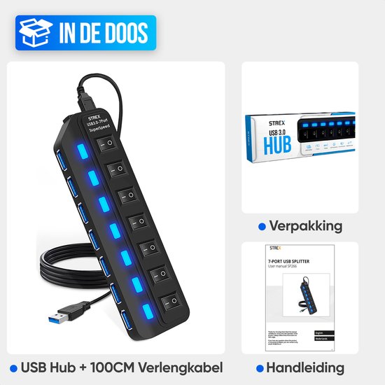 "Strex USB 3.0 Hub - USB Splitter - 7 Ports - 5Gbps - LED Indicator - On/Off Switch - 100CM Cable"
Productnaam in het Engels: Strex USB 3.0 Hub USB Splitter 7 Ports 5Gbps LED Indicator On Off Switch 100CM Cable