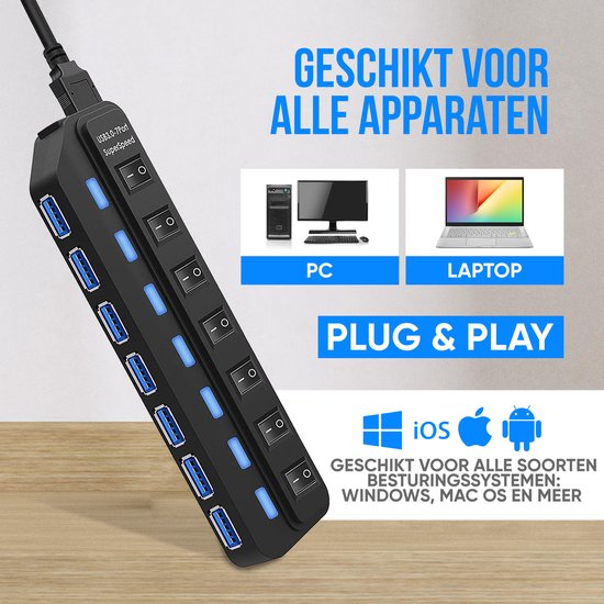 "Strex USB 3.0 Hub - USB Splitter - 7 Ports - 5Gbps - LED Indicator - On/Off Switch - 100CM Cable"
Productnaam in het Engels: Strex USB 3.0 Hub USB Splitter 7 Ports 5Gbps LED Indicator On Off Switch 100CM Cable