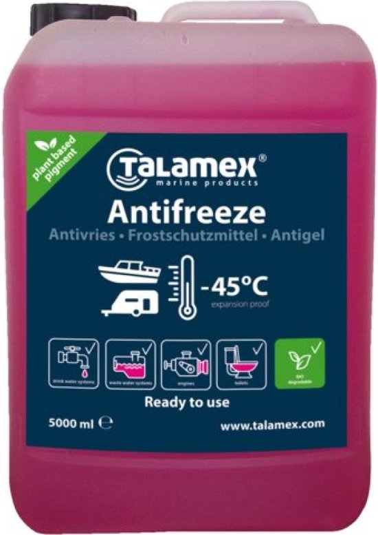 "Talamex Antivries voor Drinkwatersysteem -45 Graden - 5 Liter" 
English product name: Talamex Antifreeze for Drinking Water System 5 Liters