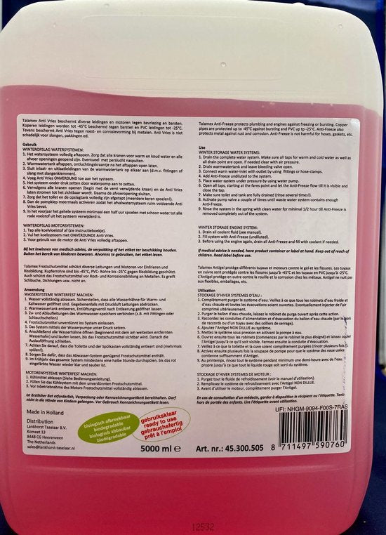 "Talamex Antivries voor Drinkwatersysteem -45 Graden - 5 Liter" 
English product name: Talamex Antifreeze for Drinking Water System 5 Liters