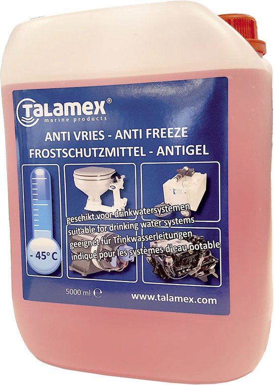 "Talamex Antivries voor Drinkwatersysteem -45 Graden - 5 Liter" 
English product name: Talamex Antifreeze for Drinking Water System 5 Liters
