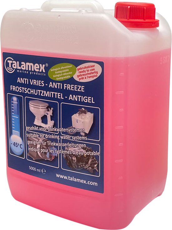 "Talamex Antivries voor Drinkwatersysteem -45 Graden - 5 Liter"
English product name: Talamex Antifreeze for Drinking Water System 5 Liters