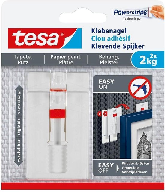 "Tesa Klevende Spijker Behang & Pleister 2kg" kan worden herschreven als "Tesa Klevende Spijker voor Behang en Pleisterwerk - 2kg".
De Engelse productnaam zonder leestekens is "Tesa Adhesive Nail for Wallpaper and Plaster - 2kg".
