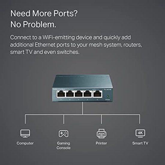 "TP-Link TL-SG105 - Netwerk Switch" kan worden herschreven als "TP-Link TL-SG105 Ethernet Switch - 5 Poorten".
De Engelse productnaam zonder leestekens is "TPLink TLSG105 Ethernet Switch 5 Port".