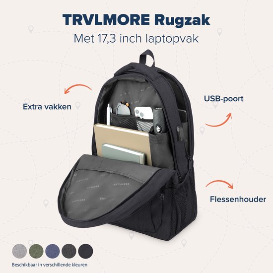 "Zwarte TRVLMORE Rugzak - 36L - 17,3 inch - Laptop Rugtas - Schooltas - Unisex - Spatwaterdicht - Levenslange Garantie"
Productnaam in het Engels: TRVLMORE Backpack