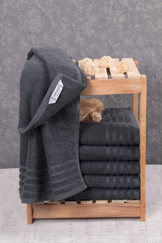"Veehaus Vallant - Set van 6 Handdoeken 50 x 100 cm - Hotelkwaliteit - Zware kwaliteit 500 g/m2 Antraciet"
Productnaam in het Engels: Veehaus Vallant Towels