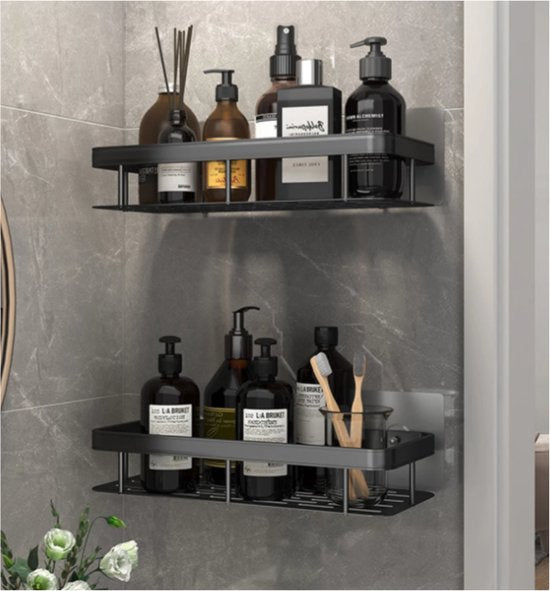 "Zwart Wandrek - Set van 2 - Doucherek zonder boren - Wandrekje zonder boren"
"Black Wall Shelf - Set of 2 - Drill-Free Shower Shelf - Drill-Free Wall Shelf"