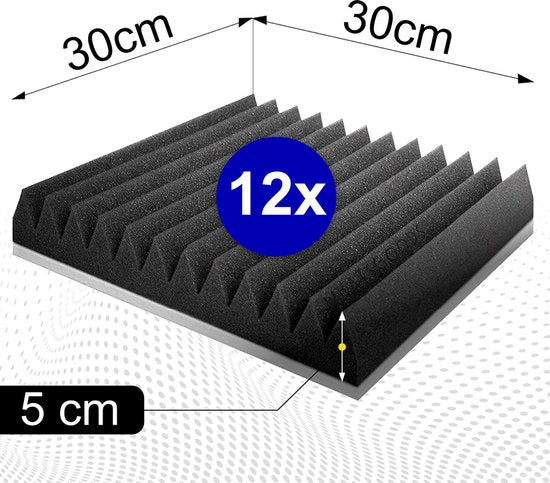 "What's Goods® Acoustic Foam Panels - Set of 12 Tiles, 25kg/m3, 30x30x5cm - Wall Studio Sound Absorption Panels / Soundproofing Panels - Black + 48x Mounting Stickers"
Product Name in English: Acoustic Foam Panels