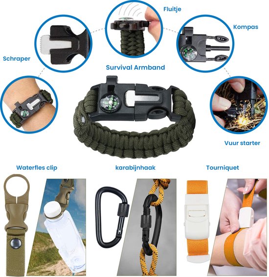 YONO Outdoor Survival Kit - Bracelet - Pocket Knife - Flashlight - Fire Starter - Compass and more - XL Set
YONO Outdoor Survival Kit