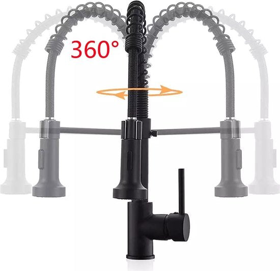 "Stijlvolle Zwarte Keukenkraan met Uittrekbare Uitloop en Flexibele Slang"
Productnaam in het Engels: "Black Kitchen Faucet with Pull-Out Spout and Flexible Hose"
