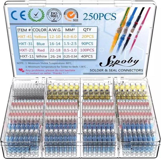 "250 Pcs Waterproof Solder Seal Wire Connectors Kit - Low Temp Heat Shrink Tubing - Color-Coded Solder Sleeves - Electrical Cable Terminals Set"