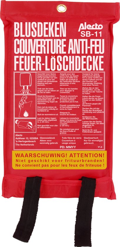"Alecto SB-11 Fire Blanket - 100x100 cm - Complies with European Standard EN1869 - Easy to Hang"

Product Name in English: Alecto SB-11 Fire Blanket
