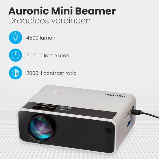 "Auronic Beamer - 4500 Lumen - WiFi - 200 inch Projector - Full HD - HDMI Cable, Remote Control, and Carrying Case - White"

Auronic Beamer