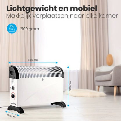 Auronic Electric Convection Heater - 750/1250/2000W - Adjustable Thermostat - Sleek White Design