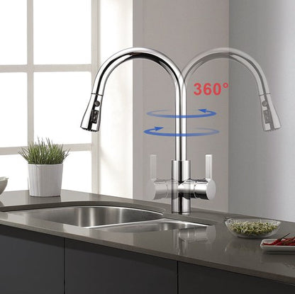 DALMO Pull-Out Kitchen Faucet with Hand Shower - 3 Water Modes - 360° Swivel - Stainless Steel