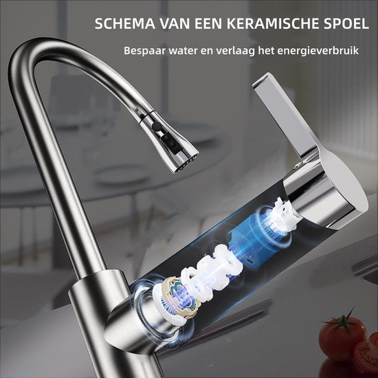 DALMO Pull-Out Kitchen Faucet with Hand Shower - 3 Water Modes - 360° Swivel - Stainless Steel