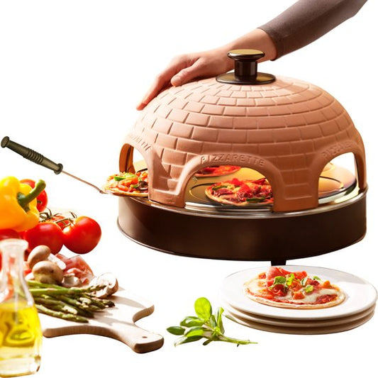 Ultimate 6-Person Pizzarette with Handcrafted Terracotta Dome - 6 Insulated Spatulas - Stainless Steel Baking Plate - Cool Touch