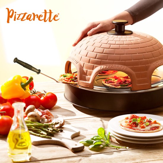 Emerio PO-115984 - Pizzarette - 6 person - Handmade terracotta dome - 6 Insulated baking spatulas - Stainless steel baking plate - Cool touch