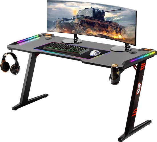 For The Win Gaming Desk - 140x60x73 cm - Gaming Desk with LED Lighting - Including RGB XXL Mousepad - Computer Table
