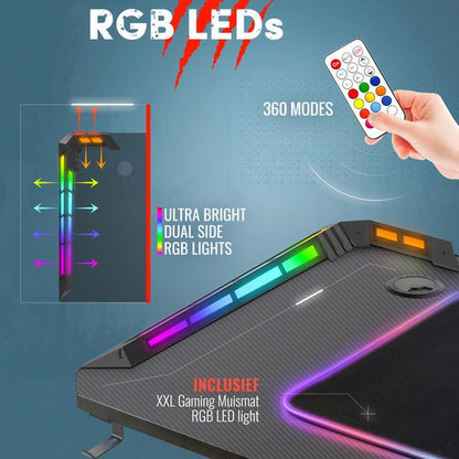 Ultimate Gaming Desk with LED Lights - 140x60x73 cm - Includes XXL RGB Mouse Pad - For The Win