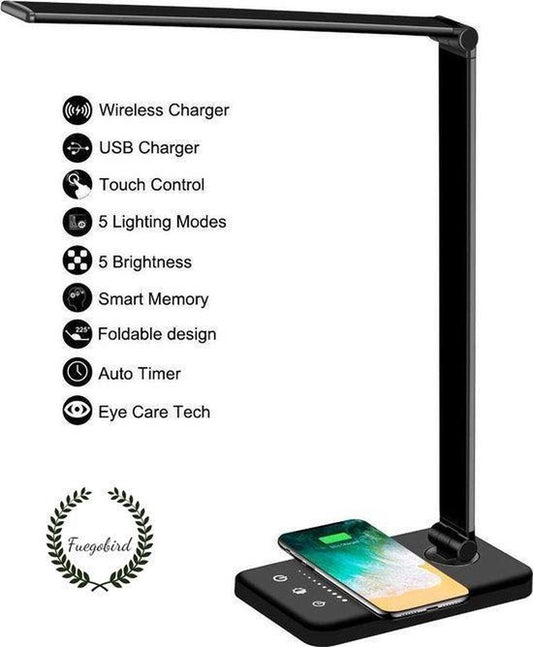 Fuegobird EK009 LED Desk Lamp – Wired & Qi Wireless Phone Charging – Dimmable – Timer – Foldable – Smart Touch – Black