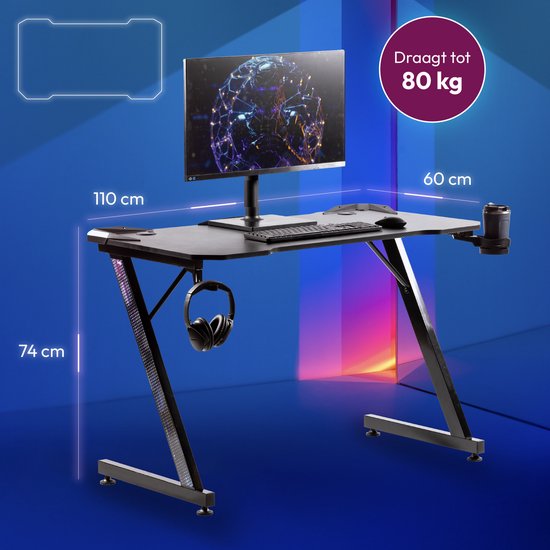 Gadgy Game Desk Carbon - Gaming Desk 110 CM Wide - Gaming Desk with Carbon Details - Gaming Table with Headphone Holder, Cup Holder & Cable Tunnel - Level Up Gaming with Gadgy - Black Carbon
