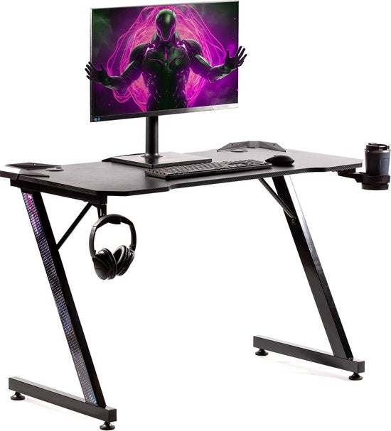 Gadgy Game Desk Carbon - Gaming Desk 110 CM Wide - Gaming Desk with Carbon Details - Gaming Table with Headphone Holder, Cup Holder & Cable Tunnel - Level Up Gaming with Gadgy - Black Carbon