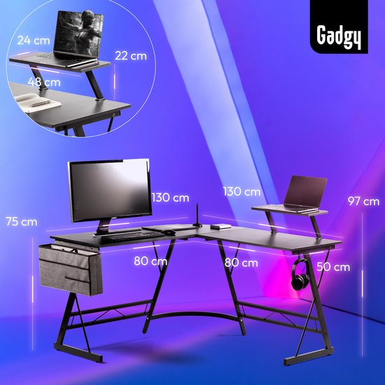Gadgy Game Desk Carbon PRO - Gaming Corner Desk 130 CM Wide - Gaming Desk with Carbon Details - Gaming Desk with Headphone Holder, Screen Riser & Storage Basket - Level Up with Gadgy - Black Carbon