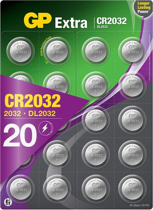 "20 stuks GP Extra Lithium CR2032 - 3V knoopcel batterijen" 

"GP Extra Lithium CR2032 - 3V Coin Cell Batteries - 20 pieces"