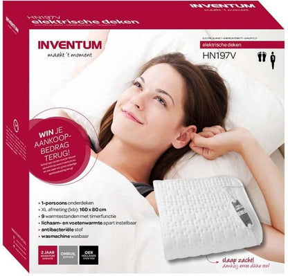 Inventum HN197V Electric Underblanket - Separate Foot Zone - Single Size 160x80 cm - Anti-Allergy & Antibacterial Fleece - White