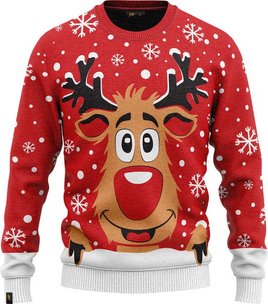 Ugly Christmas Sweater - Rudolph the Reindeer - Perfect Holiday Gift for Adults - Unisex - Large - Red