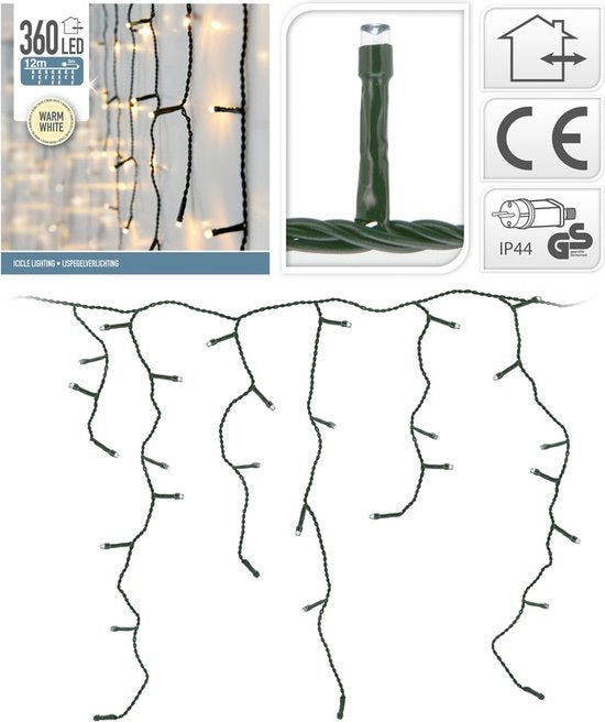 Christmas lights - Icicle - Light curtain - 12 meters - Icicle - 360 LEDs - Warm white - for indoor & outdoor.