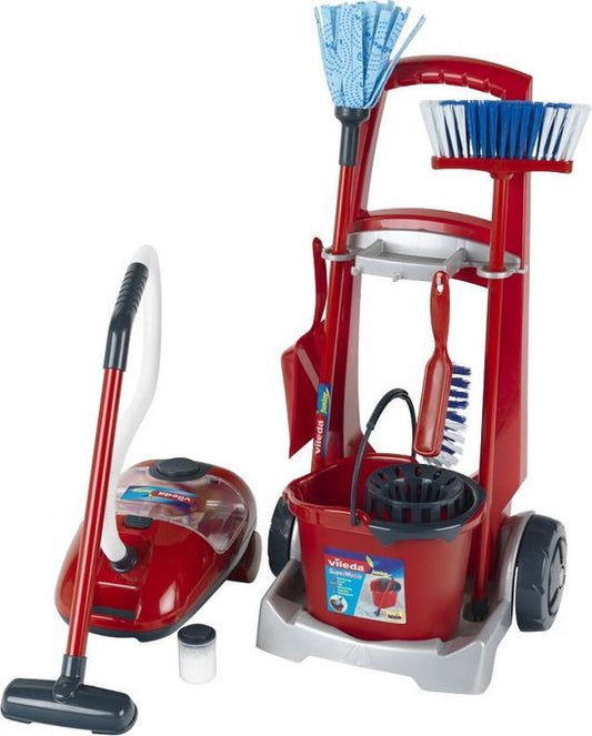 "Vileda Cleaning Cart by Klein Toys - Vacuum Cleaner, Floor Mop, Bucket with Wringer, Broom, Dustpan and Brush - Includes Realistic Suction and Sound Effects - Red Blue"

Vileda Cleaning Cart