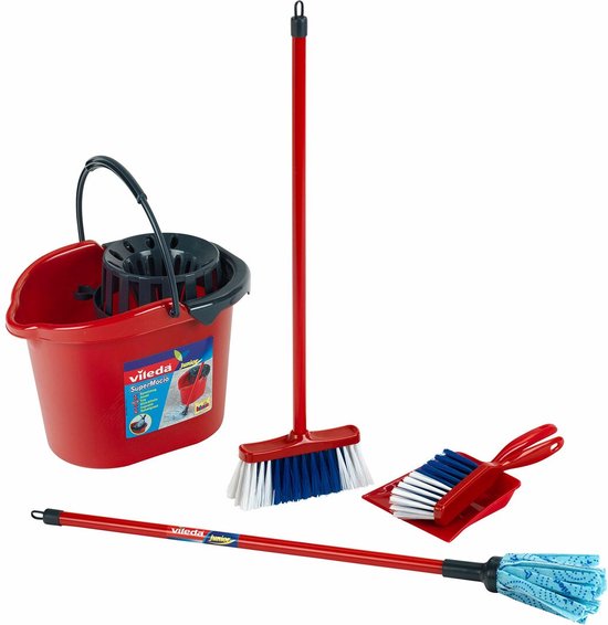 "Vileda Cleaning Cart by Klein Toys - Vacuum Cleaner, Floor Mop, Bucket with Wringer, Broom, Dustpan and Brush - Includes Realistic Suction and Sound Effects - Red Blue"

Vileda Cleaning Cart