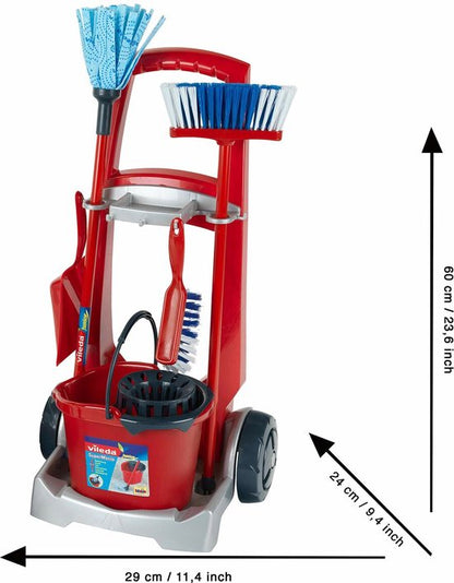 "Vileda Cleaning Cart by Klein Toys - Vacuum Cleaner, Floor Mop, Bucket with Wringer, Broom, Dustpan and Brush - Includes Realistic Suction and Sound Effects - Red Blue"

Vileda Cleaning Cart