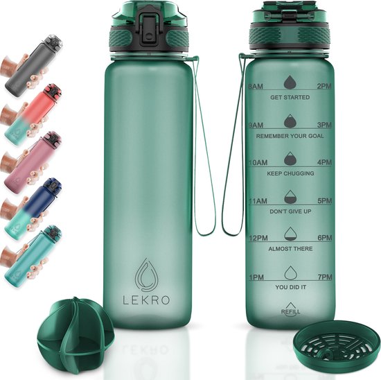 "Lekro Water Bottle with Time Markings - Motivational Drink Bottle with Fruit Filter and Shake Ball/Shaker - 1 Liter - BPA Free - Green - Christmas Gift"

Product Name in English: Lekro Water Bottle with Time Markings