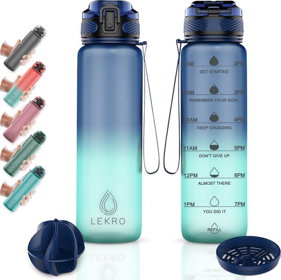 Motivational 1L Water Bottle with Time Markers, Fruit Infuser & Shaker Ball - BPA-Free - Perfect Christmas Gift - Blue