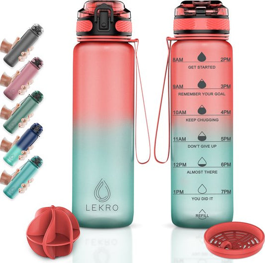 "Lekro Water Bottle with Time Markings - Motivational Drink Bottle with Fruit Filter and Shake Ball/Shaker - 1 Liter - BPA Free - Pink/Blue"

"Lekro Water Bottle with Time Markings"