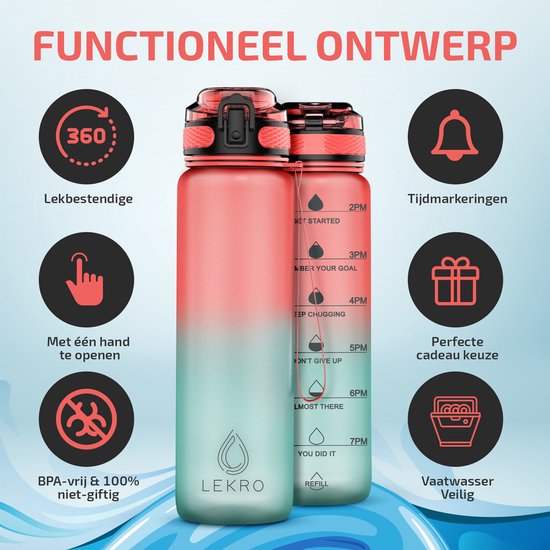 "Lekro Water Bottle with Time Markings - Motivational Drink Bottle with Fruit Filter and Shake Ball/Shaker - 1 Liter - BPA Free - Pink/Blue"

"Lekro Water Bottle with Time Markings"