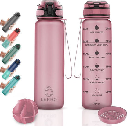 HydroSpark Motivational Water Bottle with Time Markers - 1L BPA-Free Rose Gold - Includes Fruit Infuser & Shaker Ball