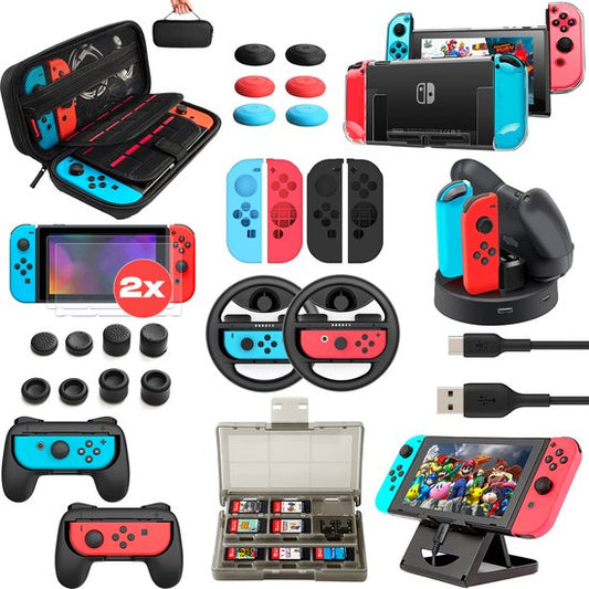 Ultimate 30-in-1 Nintendo Switch Accessory Kit - Protective Case, Storage Bag, Screen Protector, Joy-Con Grips, Steering Wheels, Charging Dock, Game Card Holder - Perfect Gift