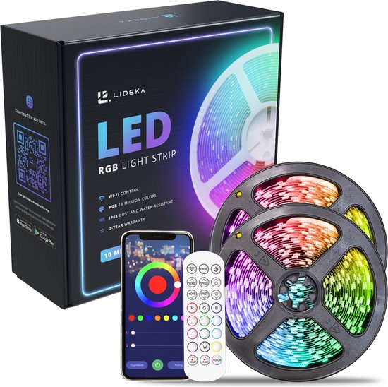 "Lideka Smart LED Light Strip - 10 Meter - App WiFi Connection - RGB Lighting - With Remote Control - Self-Adhesive"

Productnaam in het Engels: Lideka Smart LED Light Strip