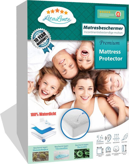 LitaLente Waterproof Mattress Protector 160x200 - Antibacterial Terry Cloth Cover with Elastic Edges - Ultimate Incontinence Protection - White