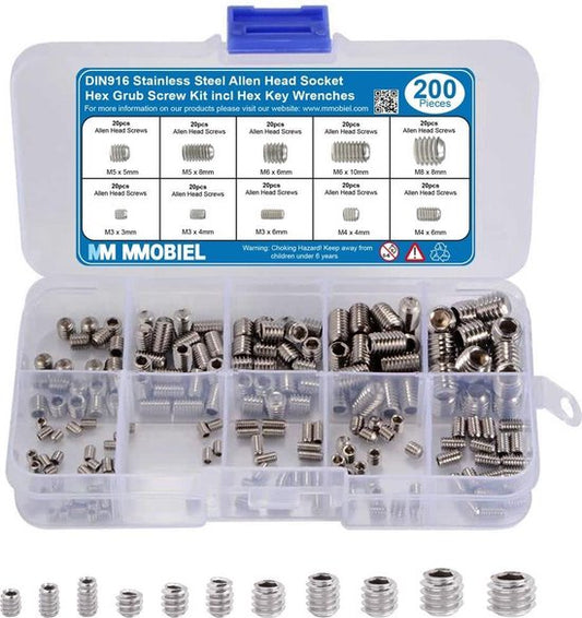 "Set of 200 MMOBIEL DIN916 Stainless Steel M3 M4 M5 M6 M8 Hex Key Screws"